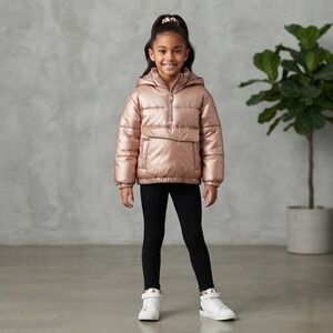 Zara Girls Pullover Coat Metallic Rose Gold size 6 Girls Puffer Jacket Hood
